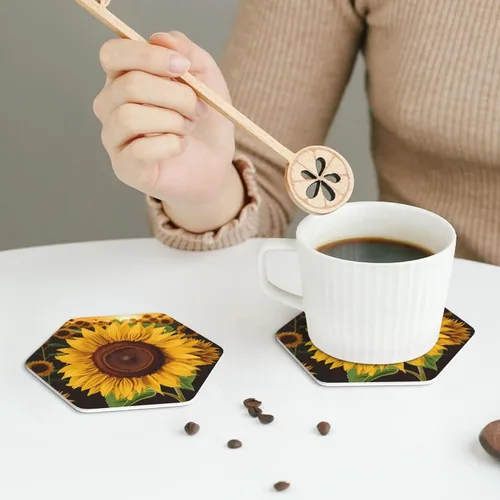 Vista 6 de Hermoso juego de 4 posavasos de cuero con estampado de girasol, impermeables, antiquemaduras, para sala de estar, mesa de café de 4 pulgadas Hexágono