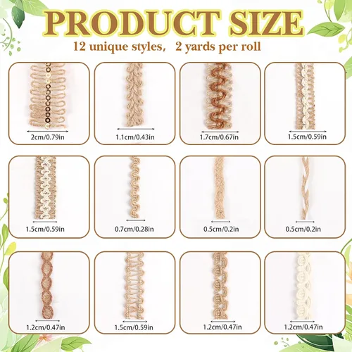 Vista 2 de KIMOBER 12 rollos de cintas de yute para manualidades, cinta de encaje de arpillera natural, 24 yardas, rústico, bohemio, vintage, surtido