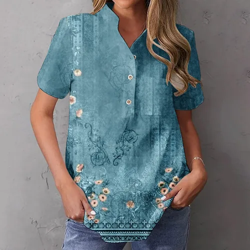 Vista 2 de Camisas de lino con botones para mujer, a la moda, casuales, holgadas, de verano, estilo bohemio, estampado floral, cuello