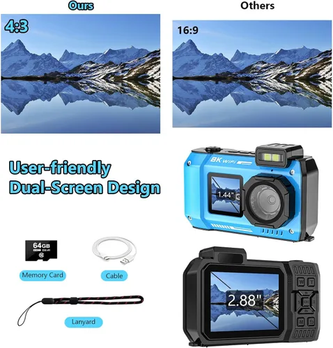 Vista 6 de Cámara subacuática UHD 8K, 70MP 33FT WiFi Cámara digital impermeable con tarjeta de 64 GB, enfoque automático, impermeable, doble pantalla, selfie