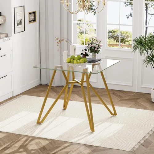 Vista 31 de Mesa de comedor redonda de 35.4 pulgadas para 4, moderna mesa de cocina de vidrio transparente para 4 personas con patas de metal dorado, mesas
