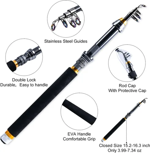 Vista 9 de Goture Fishing Rod and Reel Combos, 1.8M-2.7M Carbon Fiber Telescopic Fishing Pole with Spinning Reel, Lures Set, 900D Carrier Bag, Travel Full Kit