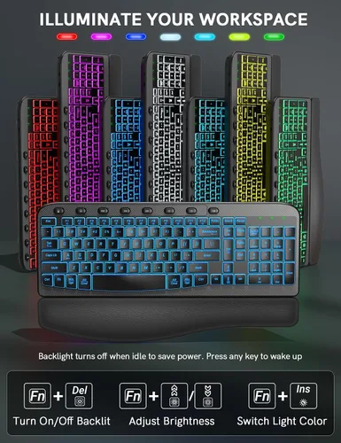 Vista 3 de SABLUTE Combo de teclado y mouse inalámbrico ergonómico, MA12Pro Wave teclado con reposamuñecas de cuero para escribir cómodamente, retroiluminación