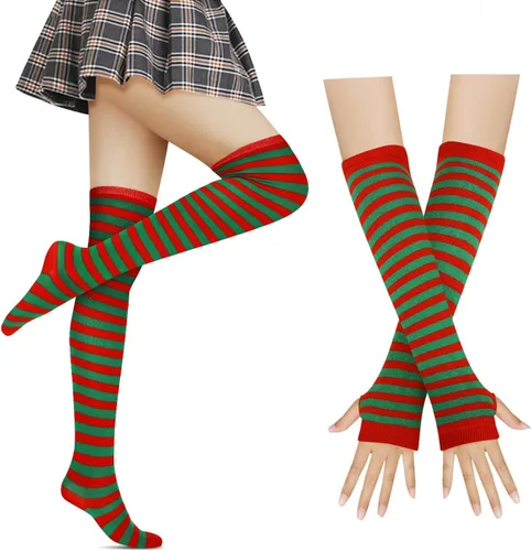 Vista 15 de Benefeet Sox Conjunto de calcetines altos hasta el muslo a rayas arcoíris para mujer, calentadores de brazos, guantes sin dedos, disfraz