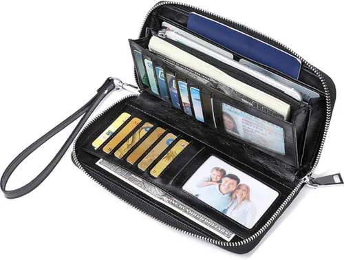 Vista 2 de JEEBURYEE Carteras para mujer RFID bloqueo de cuero cremallera alrededor de la muñeca embrague bolsa de viaje