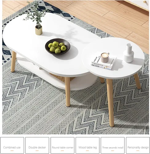 Vista 5 de Mesa de centro blanca, mesas auxiliares modernas anidables, mesa de MDF con patas de madera, mesa de sala de estar para decoración del hogar, juego