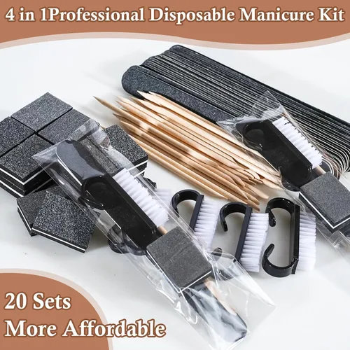 Vista 5 de 20 juegos de kit de manicura desechable básico de 4 piezas para viajes, cepillo de agarre, mini pulidor de uñas, lima de uñas y palo de madera