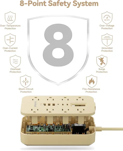 Vista 4 de Regleta de alimentación beige con puertos USB, cable de extensión plano de 5 pies, cable de extensión decorativo de 1625 W con 8 tomas de corriente