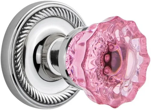 Vista 4 de Nostalgic Warehouse 724992 Pomo de puerta de cristal rosa con roseta de cuerda de privacidad en latón pulido, 2.375