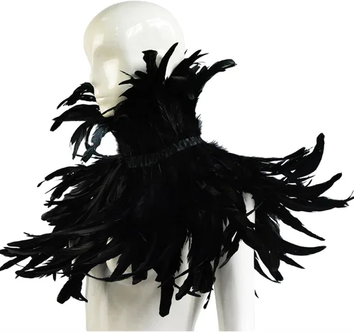 Vista 8 de Homelex, chal de pluma natural negro gótico con cuello de gargantilla