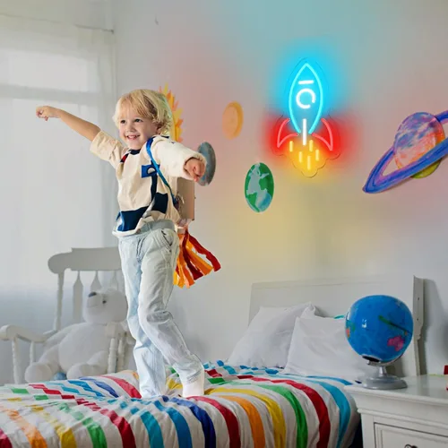 Vista 2 de Letrero de neón de cohete, luz LED de cohete para regalo de niño, letrero de luz regulable con alimentación USB para habitación de niños, sala