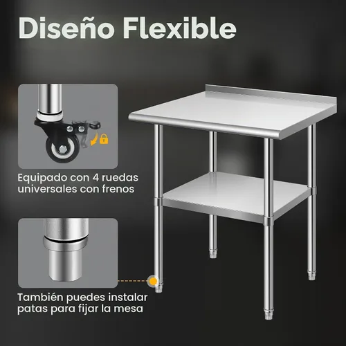 Vista 3 de VIVOHOME - Mesa de trabajo de acero inoxidable de 24 x 18 pulgadas con protector contra salpicaduras y ruedas