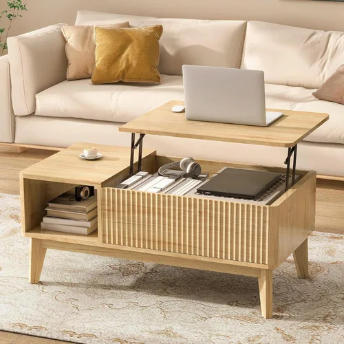 Vista 10 de LYNCOHOME Mesa de centro acanalada con compartimento oculto, mesas de centro elevables de madera, mesa central moderna para sala de estar, oficina