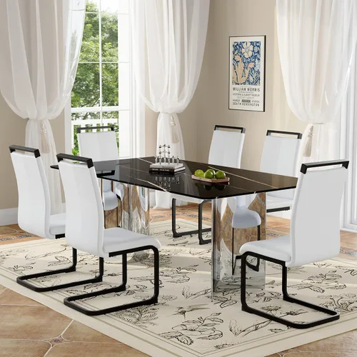 Vista 10 de Juego de mesa de comedor moderno para mesa de comedor de cristal de 6, 7 piezas, mesa de mármol sintético de 71 pulgadas con base de acero