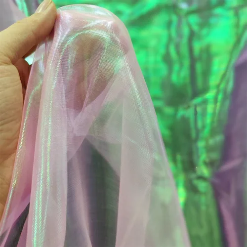 Vista 16 de Tela de encaje de organza con gradiente láser arcoíris mágico, tela de gasa holográfica iridescente para vestido de novia, cortina, fondo, fiesta