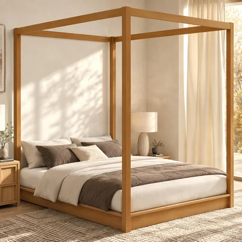 Vista 31 de Cama de plataforma con dosel de 4 pósteres de tamaño matrimonial con cabecero de listones verticales Negro-8.1