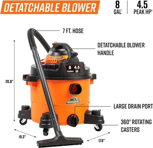 Vista 10 de Armor All VBV809 0901 - Aspiradora húmeda/seca de 8 galones y 4.5 HP con soplador desmontable, naranja
