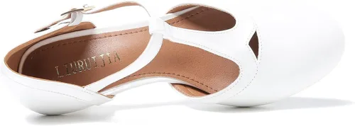 Vista 7 de LIURUIJIA Zapatos de tacón bajo Mary Jane para mujer, estilo retro, punta redonda, correa en T, D'Orsay para baile de graduación, talla grande