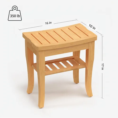 Vista 3 de Banco de ducha de bambú, taburete de ducha pequeño de spa para ducha interior, impermeable, asiento de baño con estante de almacenamiento