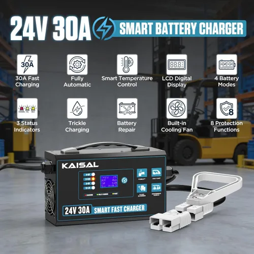 Vista 2 de Cargador de batería para carretilla elevadora 24V 30A Cargador de batería inteligente con pantalla digital LCD Cargador de carretilla elevadora