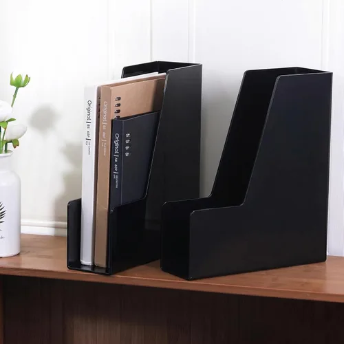 Vista 9 de LALOBLUE Paquete de 4 contenedores organizadores de escritorio verticales negros Plástico, para revistas, carpetas, cuadernos, sobres, paquete