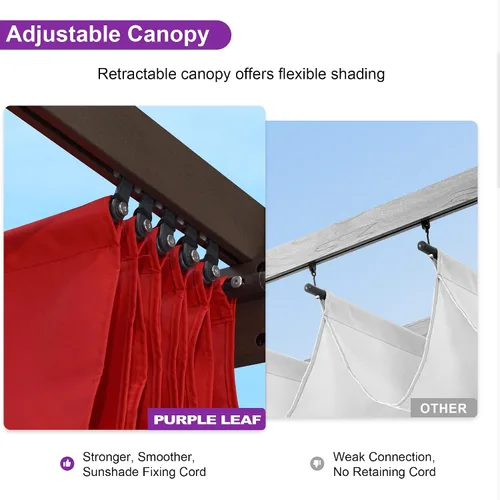 Vista 4 de PURPLE LEAF Pérgola Retráctil de 10' x 10' para Exteriores de Aluminio Blanco con Toldo de Sombra Solar para Patio Refugio Moderno Marrón