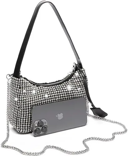 Vista 3 de Bolsos de noche para mujer, bolso de noche con diamantes de imitación plateados, brillante para graduación, cóctel, fiesta, boda, compromiso.