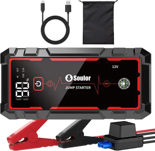 Vista 10 de Arrancador de Batería, Arrancador de Batería Portátil, Arrancador de Batería de Coche con 3 Modos de Linterna, Brújula, Banco de Energía y Cable