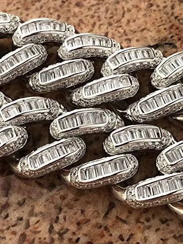 Vista 6 de HarlemBling Solid 925 Sterling Silver - Baguette CZ Iced Mens Miami Cuban Link Bracelet - 12mm - Heavy 62 Grams