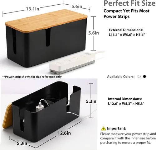Vista 3 de ZhiYo Caja Organizadora de Cables con Tapa de Bambú, Caja de Gestión de Cables ABS Segura para TV y Computadora, Cubierta de Madera Ocultador
