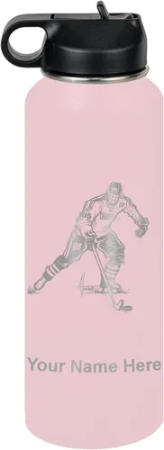 Vista 16 de LaserGram Botella de agua personalizada, jugador de hockey, acero inoxidable de doble pared aislada al vacío con popote superior, regalo grabado