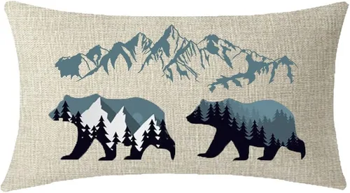 Vista 10 de ITFRO - Juego de 2 bonitas fundas de cojín con diseño de osos de regalo, árbol de pino, bosque, montañas, de lino de algodón, para almohadones Juego