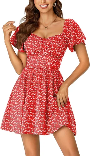 Vista 19 de Rooscier Minivestido acampanado de manga corta con volantes, cuello cuadrado, envolvente y espalda anudada para mujer