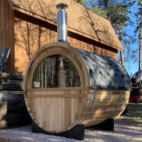 Vista 4 de Smartmak Sauna de vapor de barril al aire libre personalizada, 2-10 personas de cicuta canadiense/cedro rojo tradicional sala de sauna de madera