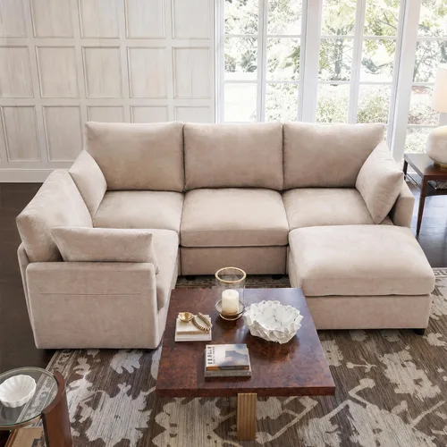 Vista 10 de Iroomy Sofá modular modular para sala de estar, asiento con cojín de resorte, moderno sofá convertible en nube con otomana, gris