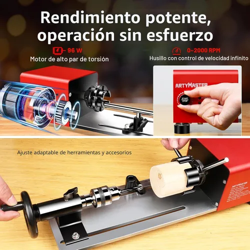 Vista 4 de Mini torno WM101A-Plus, mini torno de madera, torno eléctrico de 24 V CC 96 W, pequeño torno de sobremesa con kits de herramientas de torno