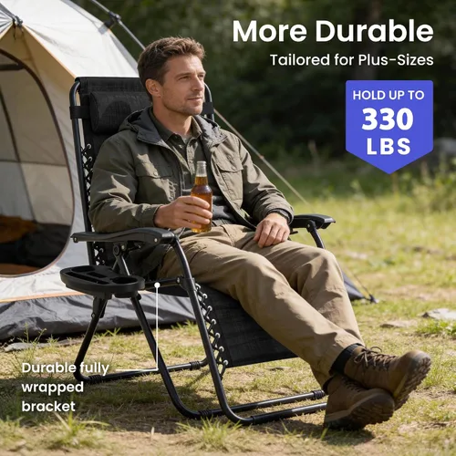 Vista 4 de Zero Gravity - Juego de 2 sillas reclinables plegables de gran tamaño, acolchadas antigravedad con almohada ajustable y portavasos para campamento