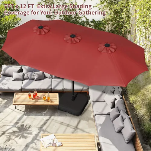 Vista 5 de Shintenchi Sombrilla de patio grande de 13 pies con base, sombra rectangular de doble cara al aire libre con manivela para jardín de césped junto a