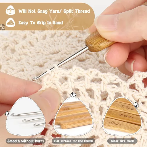 Vista 4 de Katech 10 ganchos de ganchillo ergonómicos para ganchillo, mango de madera de bambú, gancho de ganchillo de tamaño pequeño (0.030-0.118 in), hilo