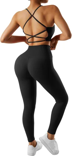 Vista 4 de RXRXCOCO Conjuntos de entrenamiento acanalados para mujer, 2 piezas, sin espalda, brasier deportivo con tirantes, leggings a juego, conjunto de yoga