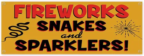 Vista 2 de Fireworks Snakes and Sparklers! Banner de 13 onzas No tela Vinilo resistente de una sola cara con ojales metálicos Venta al por menor, fuegos
