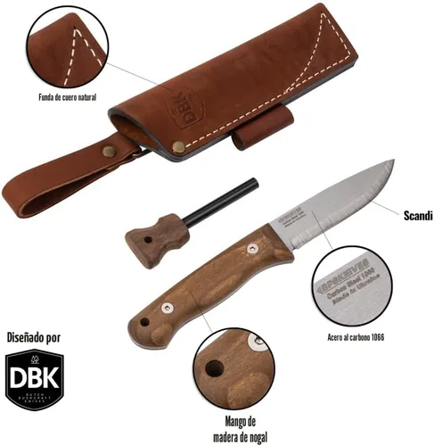 Vista 2 de BPSKNIVES Bushmate 2.0 Diseñado por DBK - Cuchillo Bushcraft - Cuchillo de acero al carbono de hoja fija con funda de cuero y encendedor de fuego