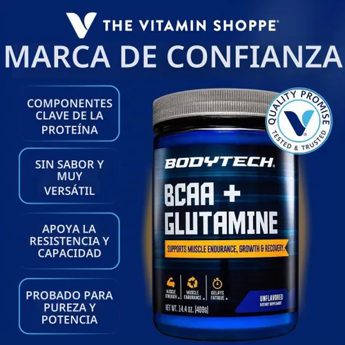 Vista 2 de BodyTech BCAA + Glutamina en polvo, sin sabor, 14.4 onzas, 59 porciones
