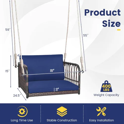 Vista 9 de HAPPYGRILL Silla de columpio para porche, asiento colgante tejido de ratán con cuerdas para colgar, ganchos de cojines, banco colgante de mimbre