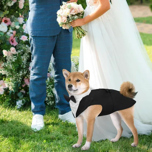 Vista 5 de DORA BRIDAL Esmoquin para perros pequeños, traje de perro y corbatín, traje formal de boda para perros, conjunto de esmoquin y bandana para Negro