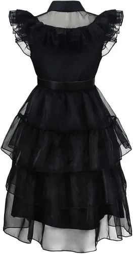 Vista 6 de Wednesday Addams - Vestido de Halloween para niñas con collar y bolsa de hombro, vestido de fiesta de cosplay de la familia Addams