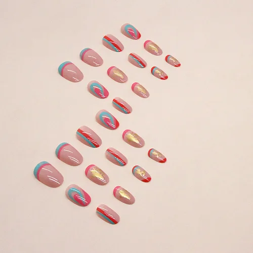 Vista 3 de Uñas postizas cortas a presión con diseño de almendra SWEKKE de verano, uñas postizas de color rosa de cobertura completa con diseños de remolinos