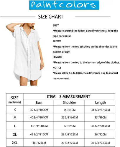 Vista 6 de Paintcolors Camisa de algodón con botones para mujer, de manga corta, túnica de gran tamaño, con bolsillos
