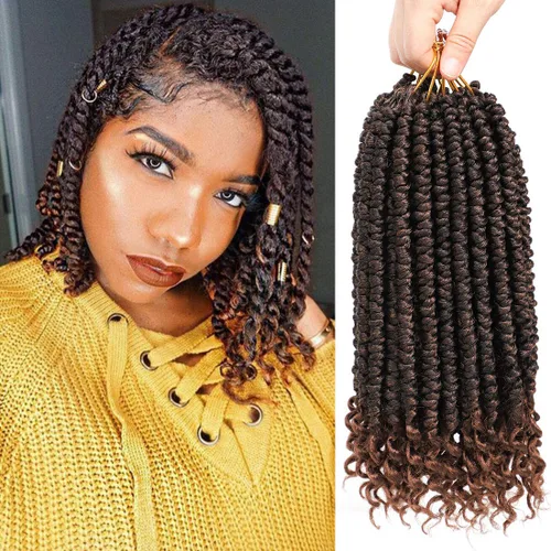 Vista 13 de Pelo de ganchillo senegalés pre primavera trenzado para mujeres negras, pelo sintético Passion Twist trenzado, pelo corto de 12 pulgadas rizado #1B