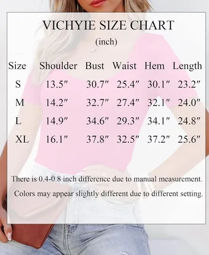 Vista 3 de VICHYIE Camisas de verano para mujer, cuello redondo, manga corta, acanaladas, ajustadas, casuales, básicas